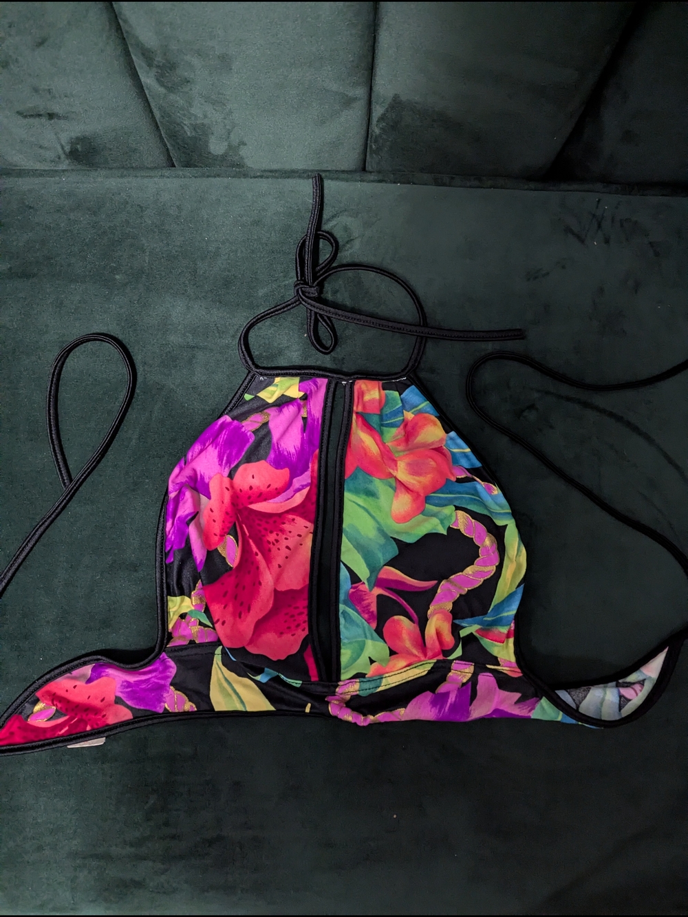 90s Je T'aime LA Tropical Floral Keyhole Halter Bikini Top High Neck Swim S